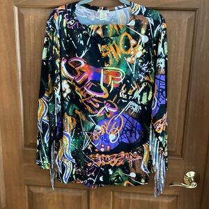 NYC Black Graffiti Print Long-Sleeve Fringe Top